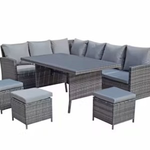 NEW - Grey 9 Seater Corner Dining Set with Wood Effect Table Top