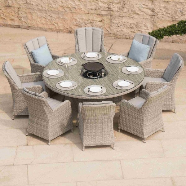 Maze Rattan Brown Oxford 8 Seater Round Fire Pit Dining Set with Venice Chairs